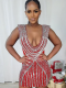 Red Deep V-Neck Sleeveless Permed Diamond Exposed Back Hip Dress