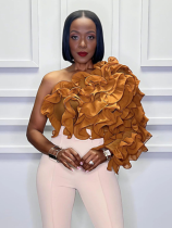 Yellow Fashion Solid Color Slant Shoulder Ruffle Short Top