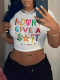 White Sexy Navel-baring Printed T-shirt
