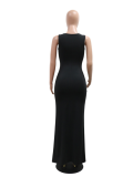 Black Fashion Round Neck Perm Diamond Sleeveless Hip-Wrapped Dress