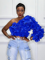 Blue Fashion Solid Color Slant Shoulder Ruffle Short Top