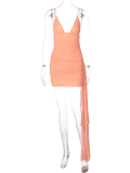 Orange Sexy V-neck Solid Color Hollow Streamer Suspender Dress