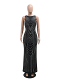 Black Fashion Round Neck Perm Diamond Sleeveless Hip-Wrapped Dress