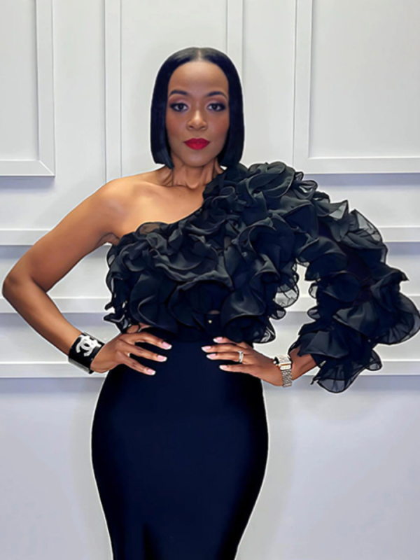 Black Fashion Solid Color Slant Shoulder Ruffle Short Top