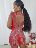 Red Deep V-Neck Sleeveless Permed Diamond Exposed Back Hip Dress