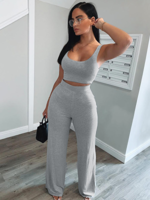Gray Short Vest Wide-Leg Pants Sports Casual Two-Piece Suit