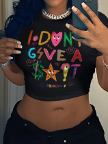 Black Sexy Navel-baring Printed T-shirt