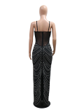 Black Sling Hot Diamond Bubble Beads Sexy Dress