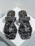 Black Fashionable Snakeskin Rhinestone Flat Slippers