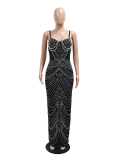 Black Sling Hot Diamond Bubble Beads Sexy Dress