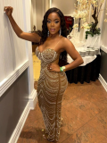 Brown Sling Hot Diamond Bubble Beads Sexy Dress