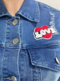 Blue Casual Embroidered Stretch Denim Two-Piece Suit