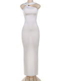 White Summer Sexy Tight Backless Slit Solid Color Temperament Dress