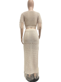 Khaki Casual Sexy Slit Skirt Knitted Tassel Two-Piece Suit
