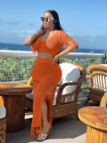 Orange Casual Sexy Slit Skirt Knitted Tassel Two-Piece Suit