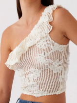 Sexy One Shoulder Sleeveless Navel-Exposed Ruffled Perspective 3D Flower Top