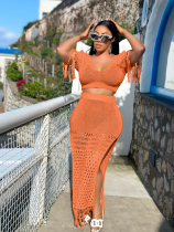 Orange Casual Sexy Slit Skirt Knitted Tassel Two-Piece Suit