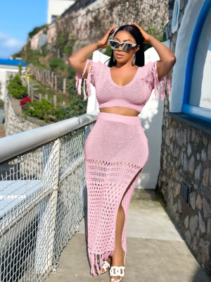 Pink Casual Sexy Slit Skirt Knitted Tassel Two-Piece Suit
