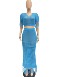 Blue Casual Sexy Slit Skirt Knitted Tassel Two-Piece Suit