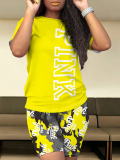 Yellow Fashion Letter Print O-Neck Temperament Two-Piece Suit