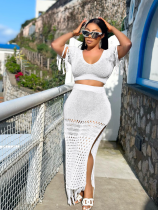 White Casual Sexy Slit Skirt Knitted Tassel Two-Piece Suit
