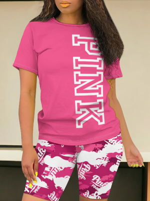 Rose Red Fashion Letter Print O-Neck Temperament Two-Piece Suit