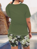 Green Fashion Letter Print O-Neck Temperament Two-Piece Suit