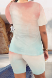 Contrast Color Sexy Casual O-Neck Short-Sleeved Tie-Dye Two-Piece Suit