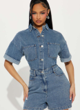 Blue Elastic Short-Sleeved Loose Washed Denim Jumpsuit