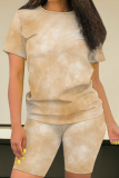 Contrast Color Sexy Casual O-Neck Short-Sleeved Tie-Dye Two-Piece Suit
