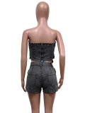 Black Tube Top Slit Stretch Denim Two Piece Suit