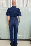 Blue Slim-Fit Stretch Short-Sleeved Washed Denim Jumpsuit