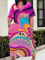 Fashion V-Neck Casual Printed Plus Size Dress