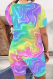 Contrast Color Sexy Casual O-Neck Short-Sleeved Tie-Dye Two-Piece Suit
