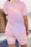 Contrast Color Sexy Casual O-Neck Short-Sleeved Tie-Dye Two-Piece Suit