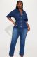 Blue Slim-Fit Stretch Short-Sleeved Washed Denim Jumpsuit