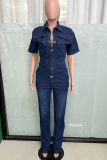 Blue Slim-Fit Stretch Short-Sleeved Washed Denim Jumpsuit