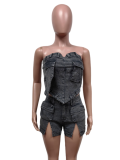 Black Tube Top Slit Stretch Denim Two Piece Suit