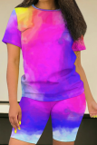 Contrast Color Sexy Casual O-Neck Short-Sleeved Tie-Dye Two-Piece Suit