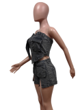 Black Tube Top Slit Stretch Denim Two Piece Suit