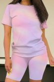 Contrast Color Sexy Casual O-Neck Short-Sleeved Tie-Dye Two-Piece Suit