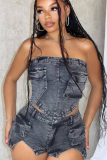 Black Tube Top Slit Stretch Denim Two Piece Suit