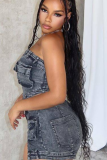 Black Tube Top Slit Stretch Denim Two Piece Suit
