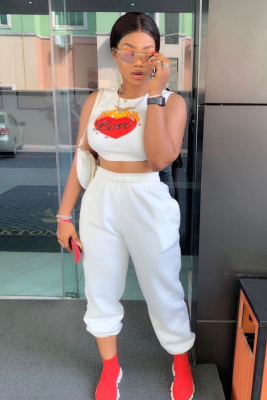 White Fashion Casual Printed Vest Trousers Two-Piece Set