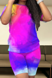 Contrast Color Sexy Casual O-Neck Short-Sleeved Tie-Dye Two-Piece Suit
