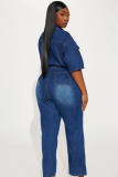 Blue Slim-Fit Stretch Short-Sleeved Washed Denim Jumpsuit