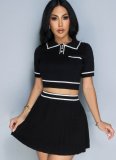 Fashion Lapel Short-Sleeved Pleated Skirt Two-Piece Suit