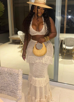 Sexy Solid Color Knitted Halter Neck Tassel Beach Dress Two Piece Set