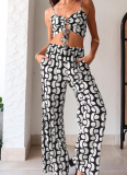 Black Printed Lace-Up Hollow Suspender Wide-Leg Pants Two-Piece Set