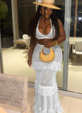 Sexy Solid Color Knitted Halter Neck Tassel Beach Dress Two Piece Set